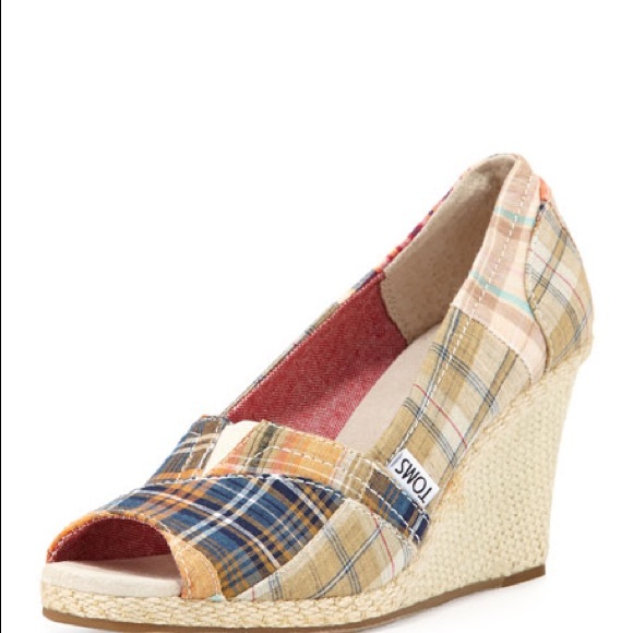 Toms Shoes - TOMS Madras Plaid Classic Open-Toe Wedge Size 7.5